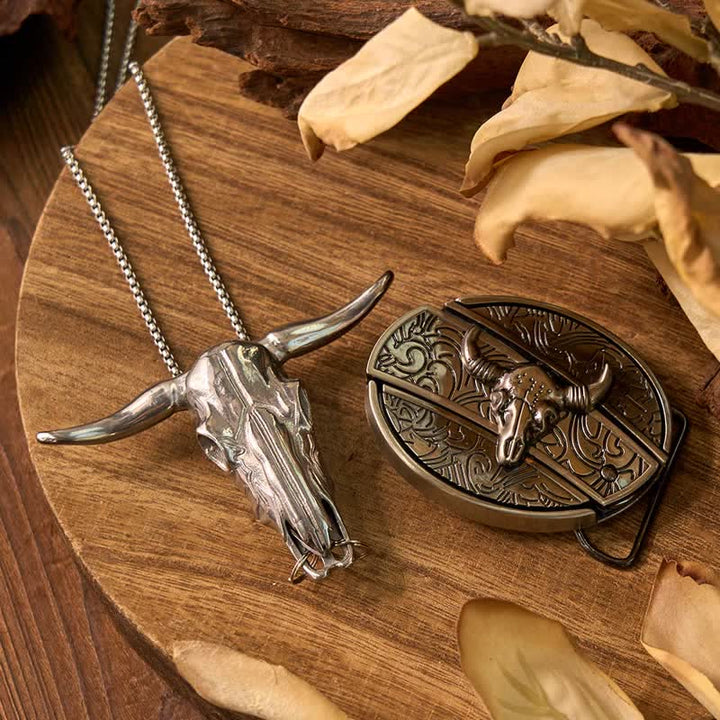 Conjunto de colgante de toro de cuernos largos con hebilla de cuchillo oculto de Western Gadget DIY