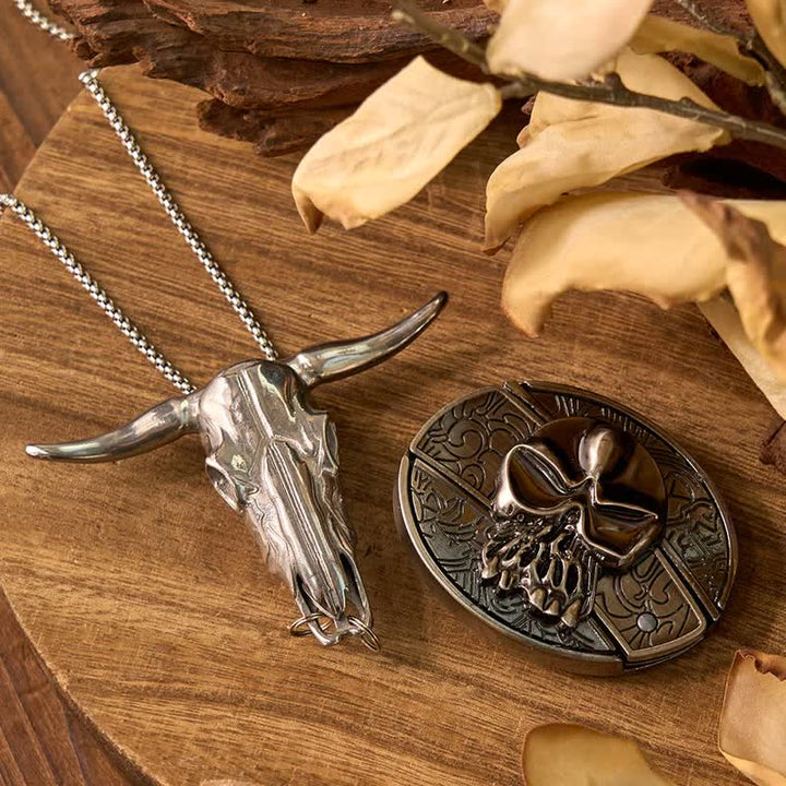 Conjunto de colgante de toro de cuernos largos con hebilla de cuchillo oculto de Western Gadget DIY