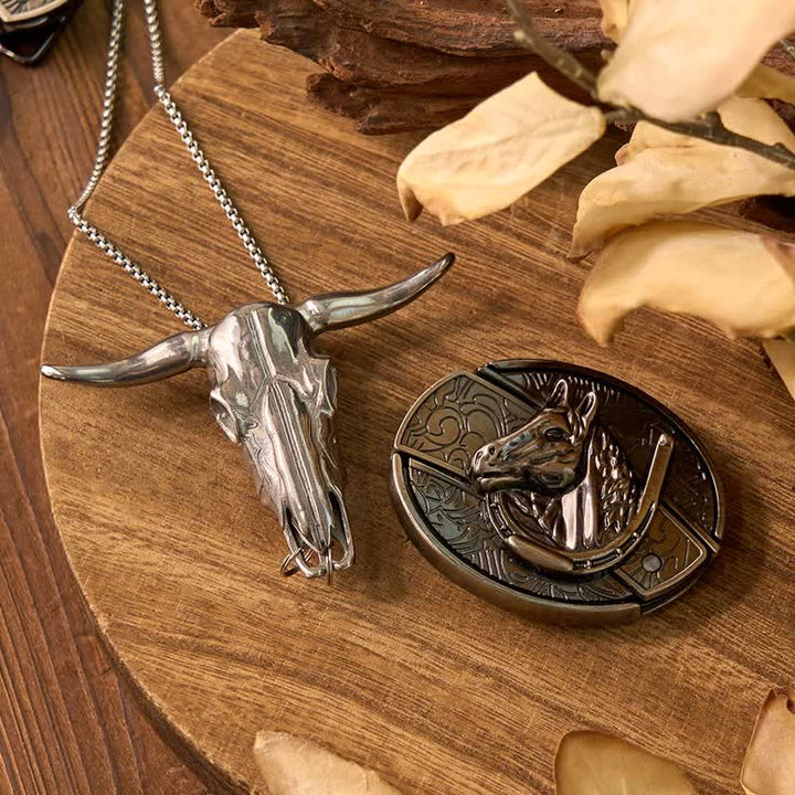 Conjunto de colgante de toro de cuernos largos con hebilla de cuchillo oculto de Western Gadget DIY