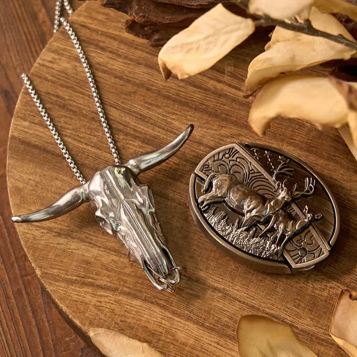 Conjunto de colgante de toro de cuernos largos con hebilla de cuchillo oculto de Western Gadget DIY