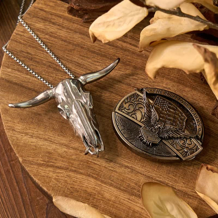 Conjunto de colgante de toro de cuernos largos con hebilla de cuchillo oculto de Western Gadget DIY