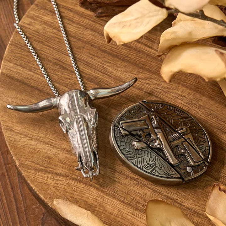 Conjunto de colgante de toro de cuernos largos con hebilla de cuchillo oculto de Western Gadget DIY