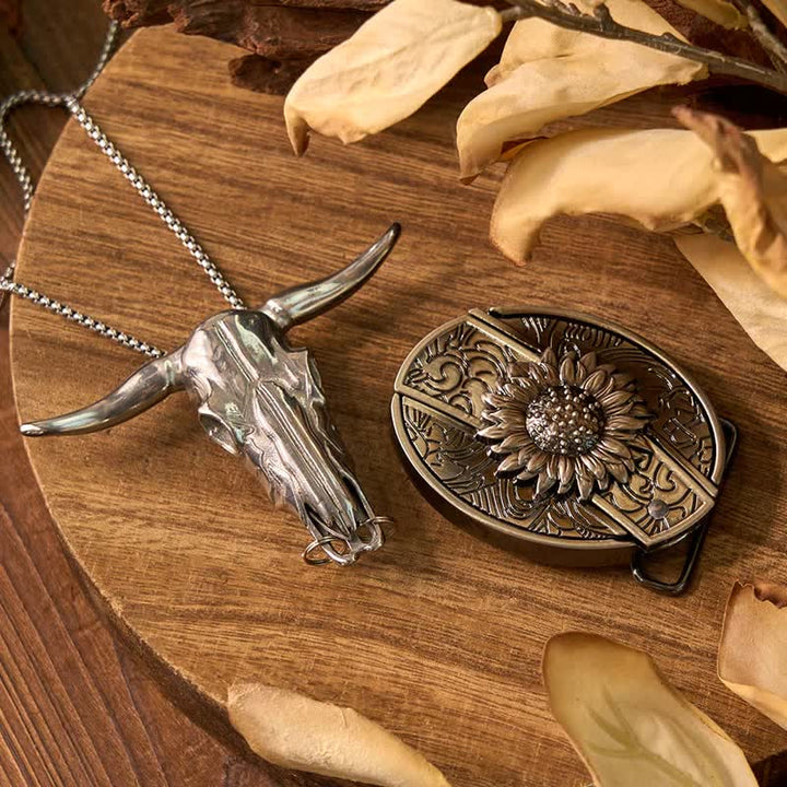 Conjunto de colgante de toro de cuernos largos con hebilla de cuchillo oculto de Western Gadget DIY