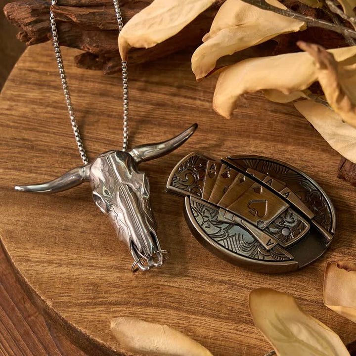 Conjunto de colgante de toro de cuernos largos con hebilla de cuchillo oculto de Western Gadget DIY