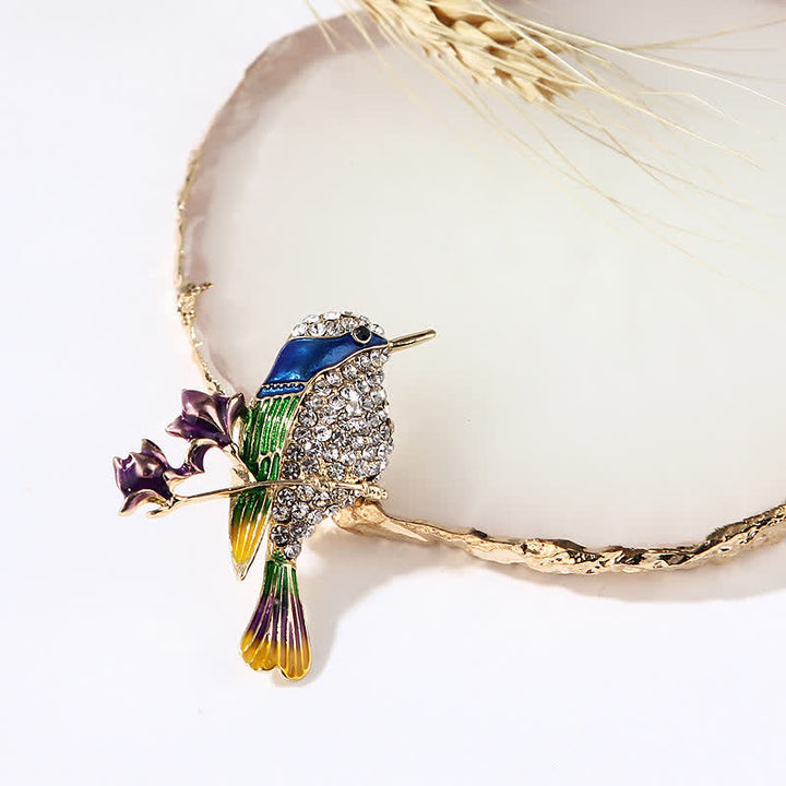 Broche de pájaro rosa esmaltado con forma de urraca y diamantes de imitación para mujer
