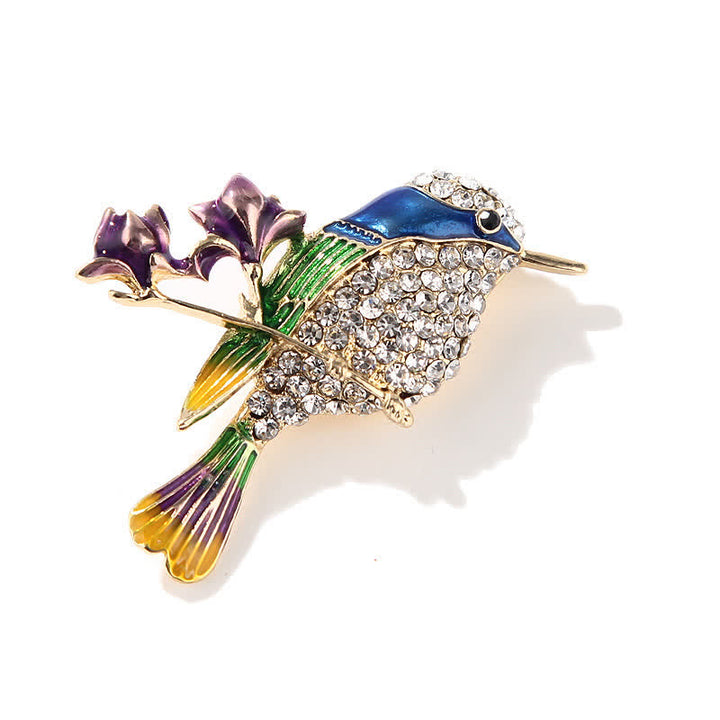 Broche de pájaro rosa esmaltado con forma de urraca y diamantes de imitación para mujer