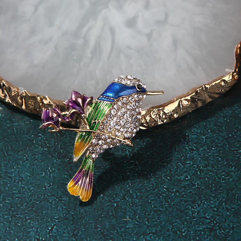 Broche de pájaro rosa esmaltado con forma de urraca y diamantes de imitación para mujer