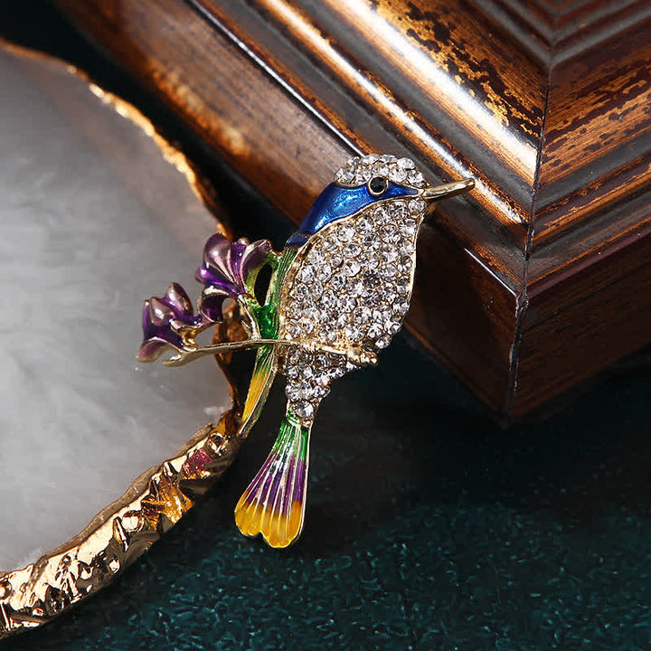 Broche de pájaro rosa esmaltado con forma de urraca y diamantes de imitación para mujer