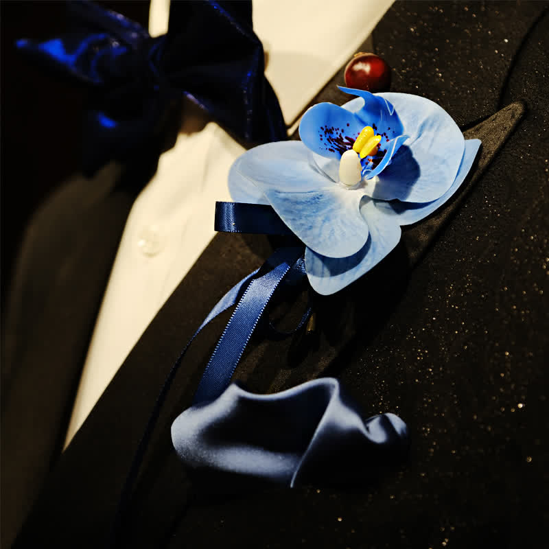 Juego de 3 broches y pañuelos con forma de falaenopsis azul para hombre