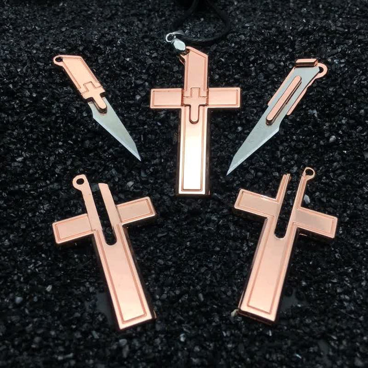 Collar con colgante de cruz mini multifunción y cuchillo oculto