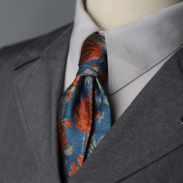 Corbata floral de hombre en azul acero y rosa roja