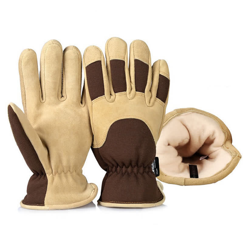 Guantes gruesos y cálidos de piel de ciervo color caqui resistentes al frío