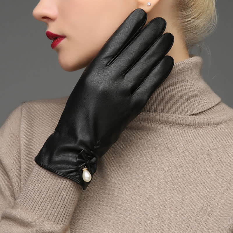 Guantes de piel de perla y terciopelo de invierno para mujer