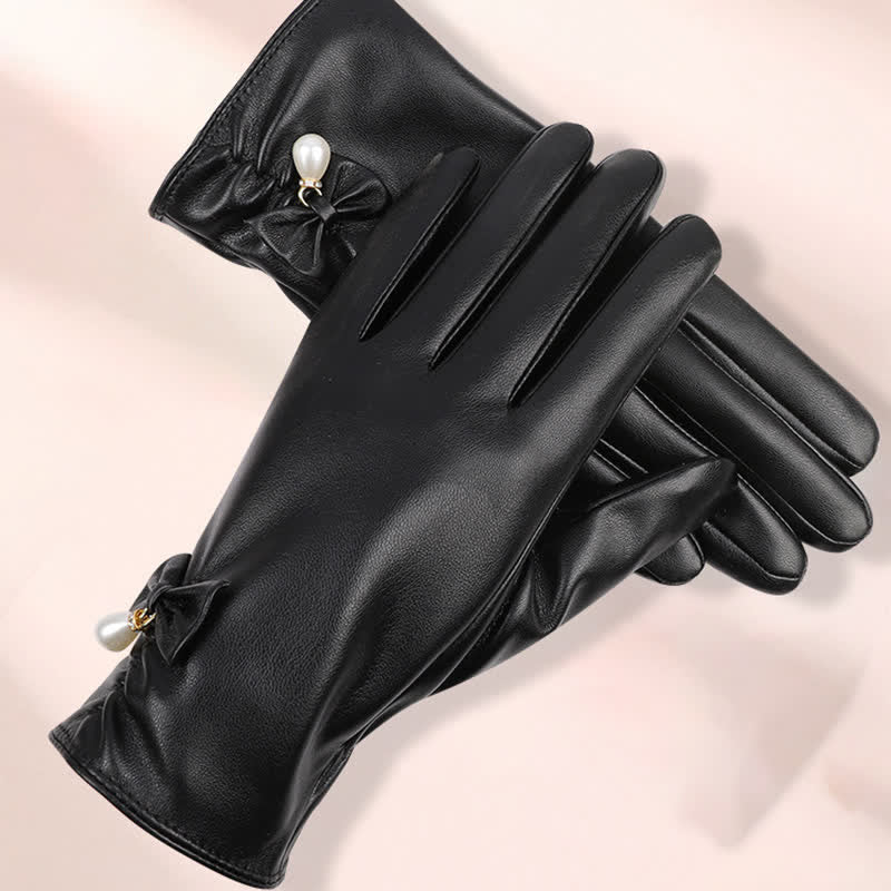 Guantes de piel de perla y terciopelo de invierno para mujer