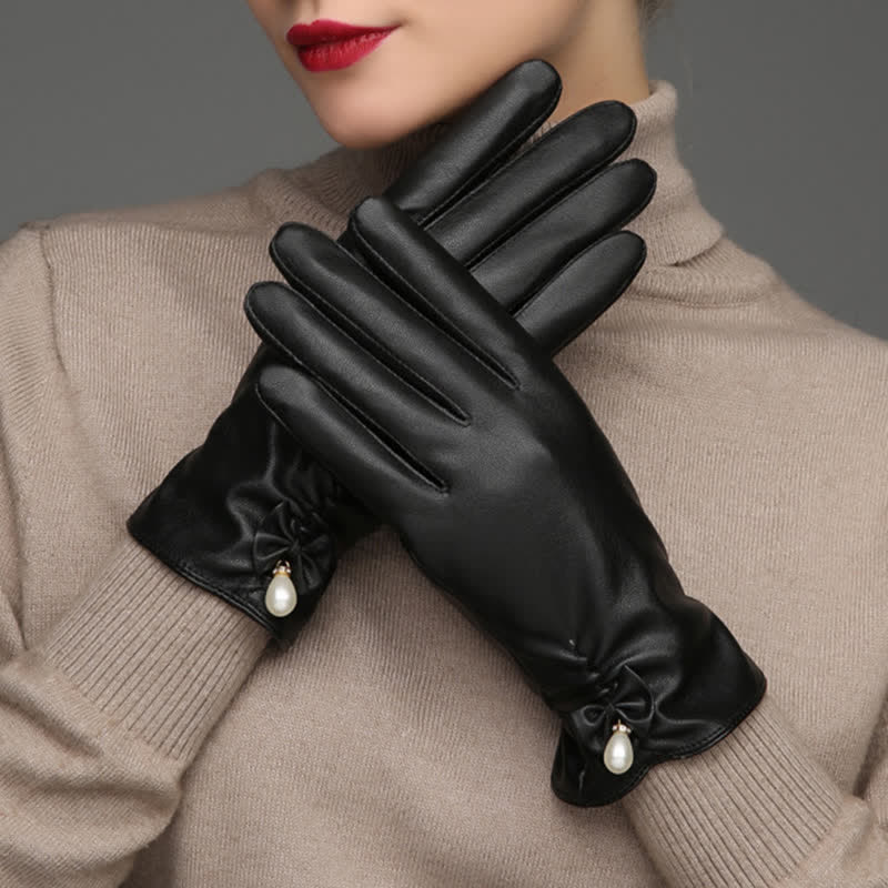 Guantes de piel de perla y terciopelo de invierno para mujer