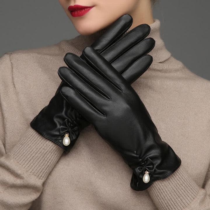Guantes de piel de perla y terciopelo de invierno para mujer