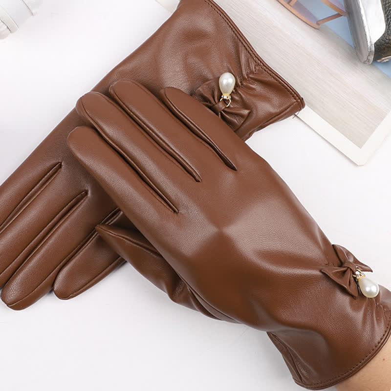 Guantes de piel de perla y terciopelo de invierno para mujer