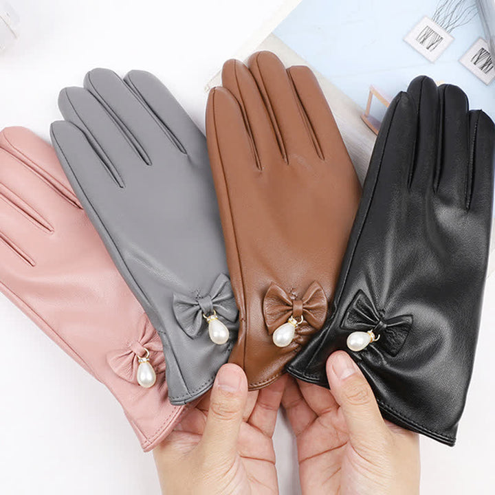Guantes de piel de perla y terciopelo de invierno para mujer