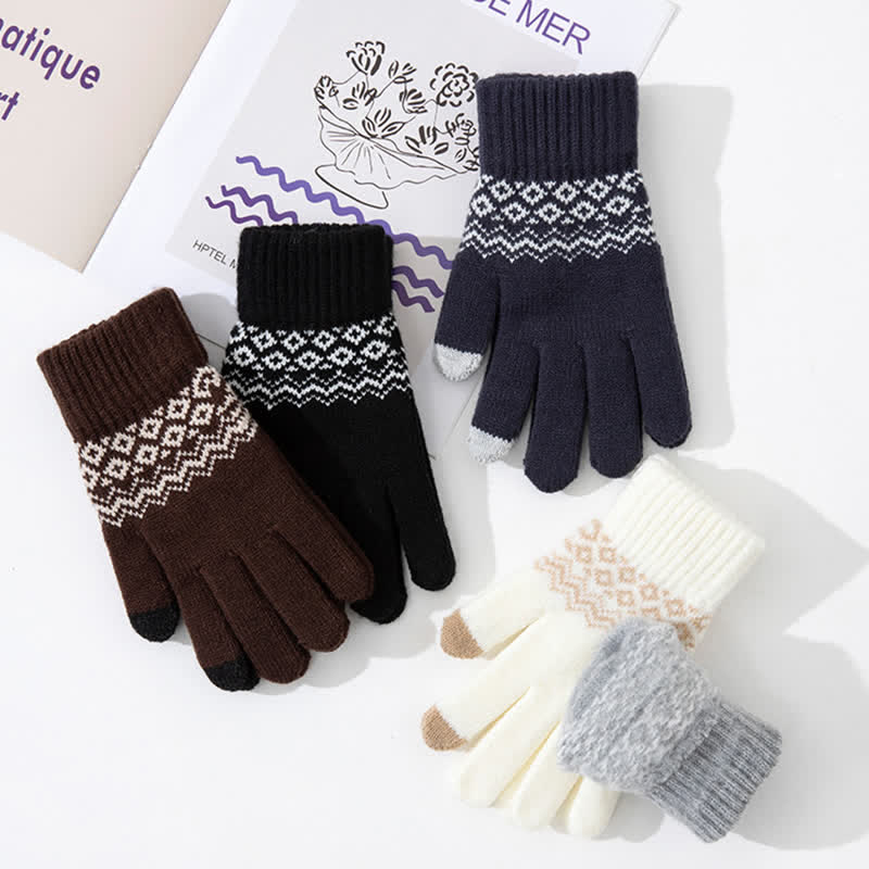 Guantes de punto de terciopelo cálidos con pantalla táctil y estampado de ondas