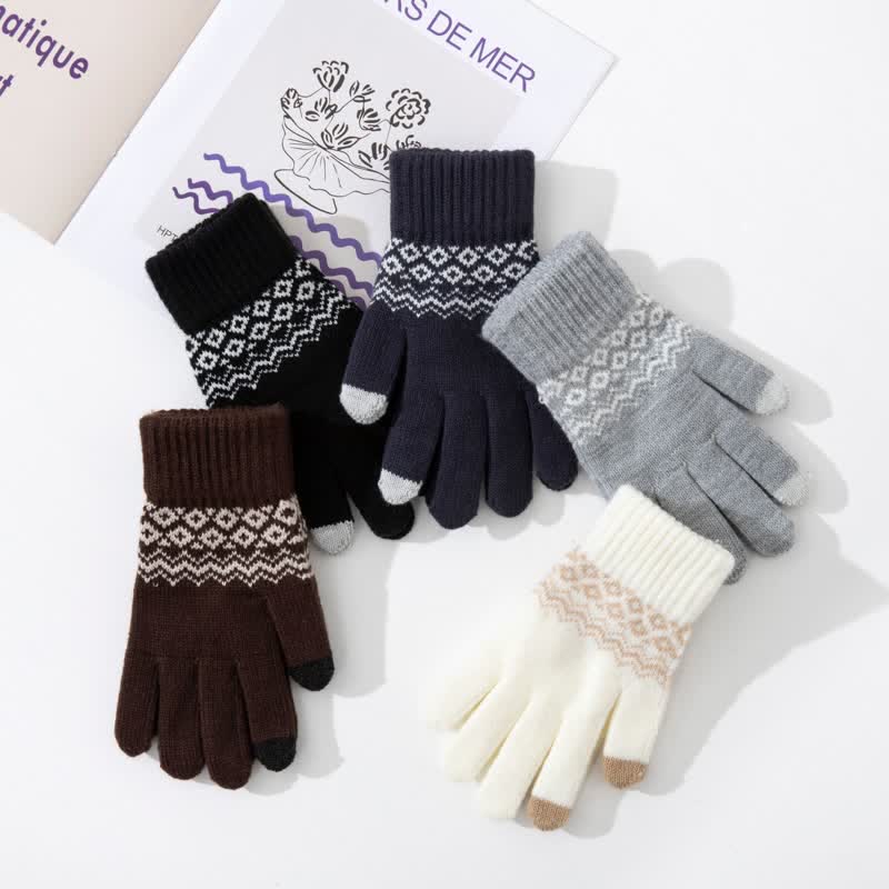 Guantes de punto de terciopelo cálidos con pantalla táctil y estampado de ondas