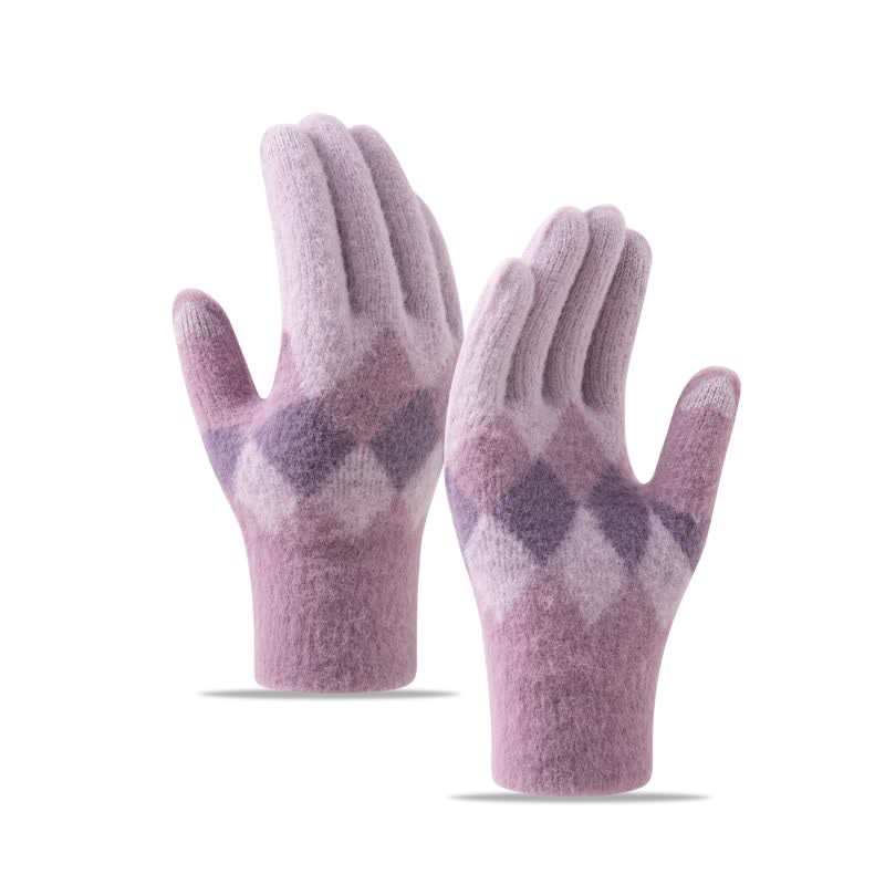 Guantes de punto de felpa cálidos con estampado de diamantes de colores