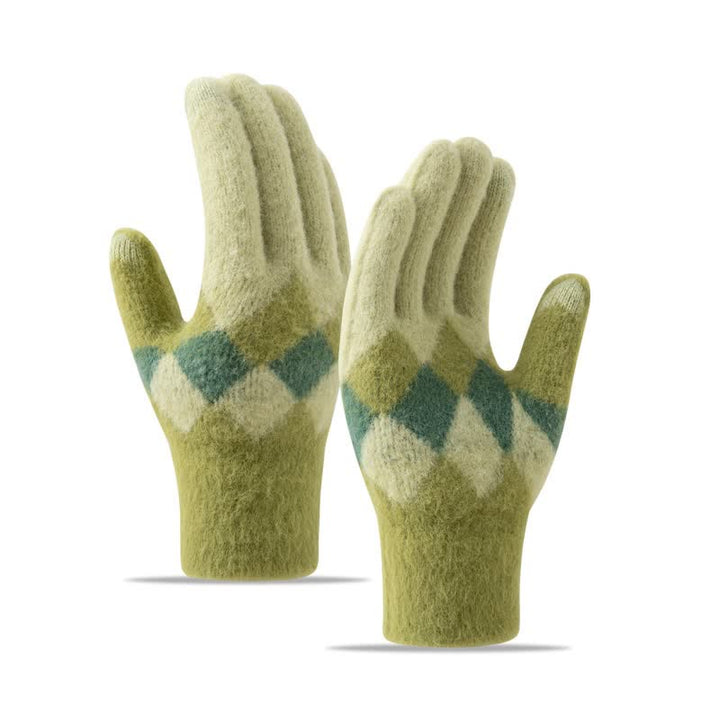 Guantes de punto de felpa cálidos con estampado de diamantes de colores