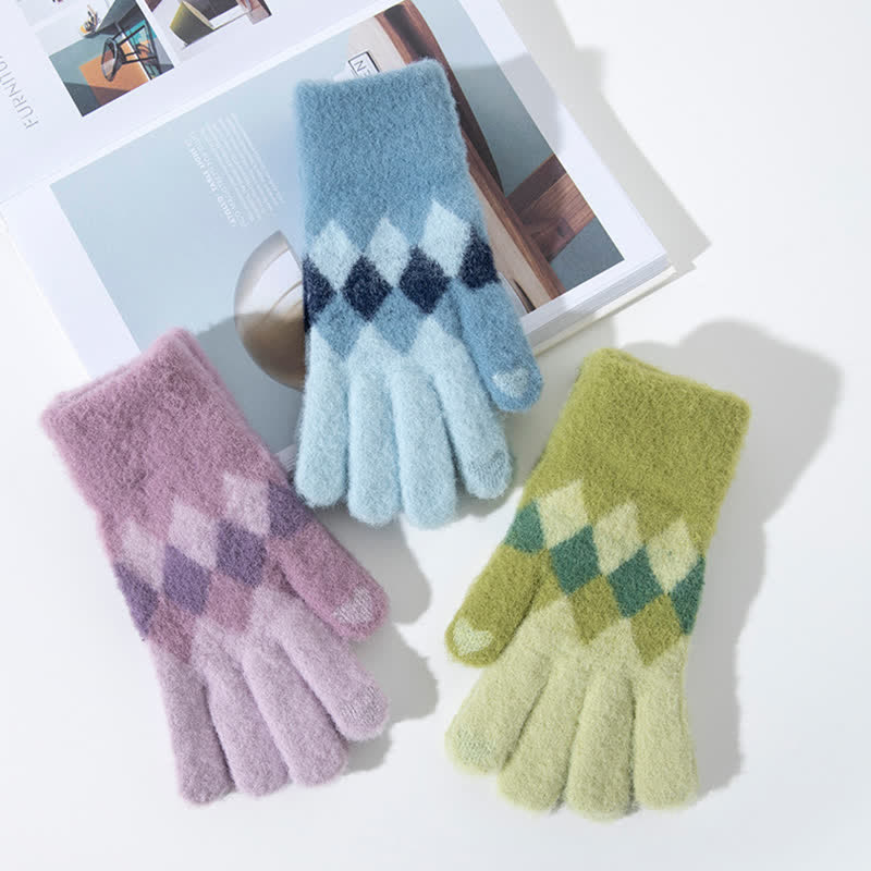 Guantes de punto de felpa cálidos con estampado de diamantes de colores
