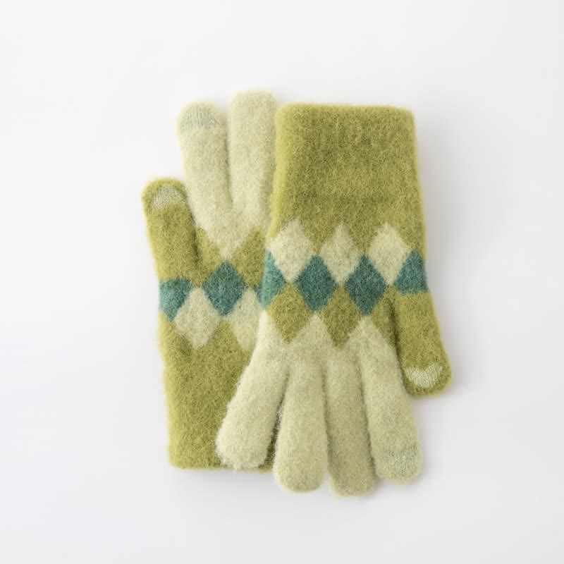 Guantes de punto de felpa cálidos con estampado de diamantes de colores