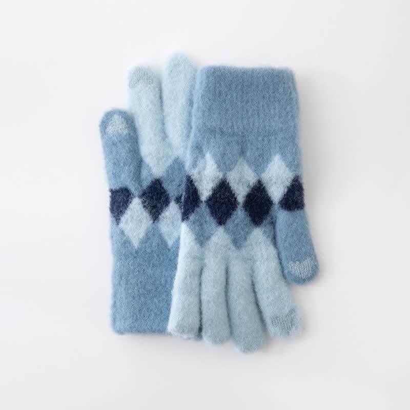 Guantes de punto de felpa cálidos con estampado de diamantes de colores