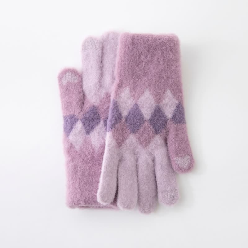 Guantes de punto de felpa cálidos con estampado de diamantes de colores