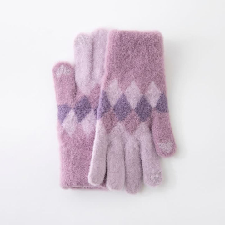 Guantes de punto de felpa cálidos con estampado de diamantes de colores