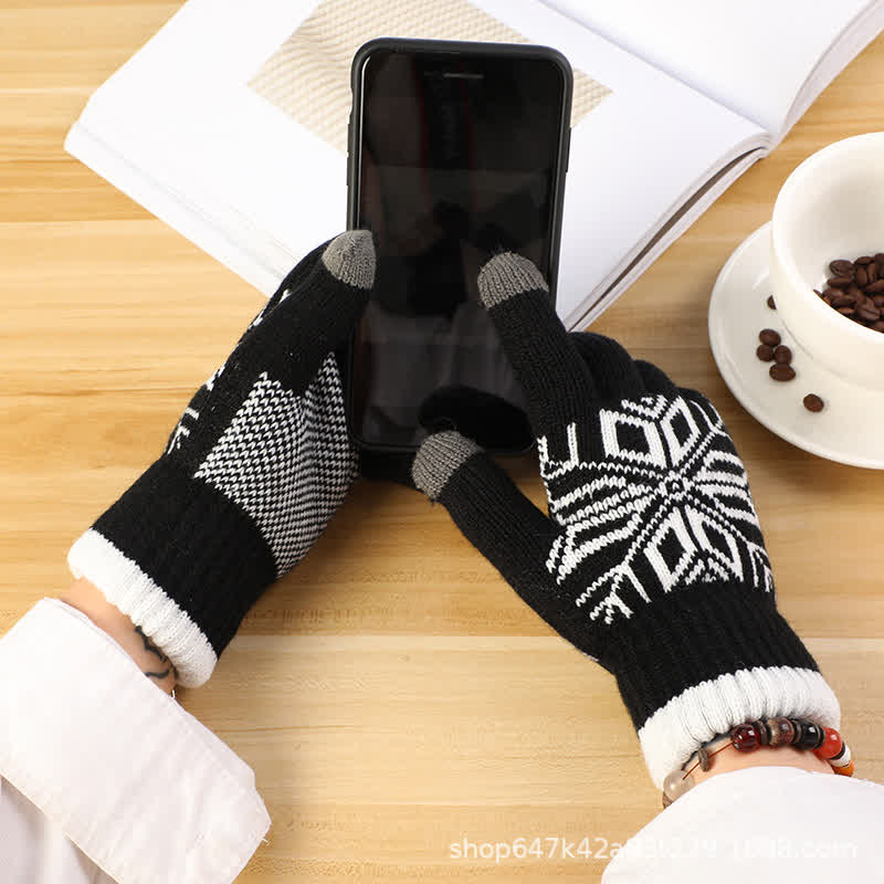Guantes de punto gruesos de invierno con estampado de copos de nieve