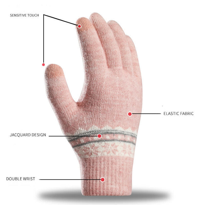 Guantes de punto cálidos con puños elásticos y diseño de copos de nieve en jacquard