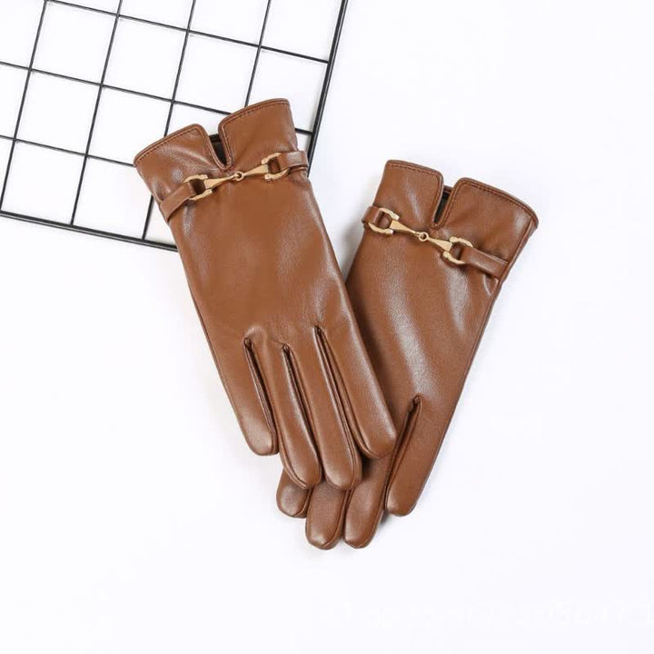 Guantes de cuero sintético aterciopelado y cálidos con decoración de metal para mujer