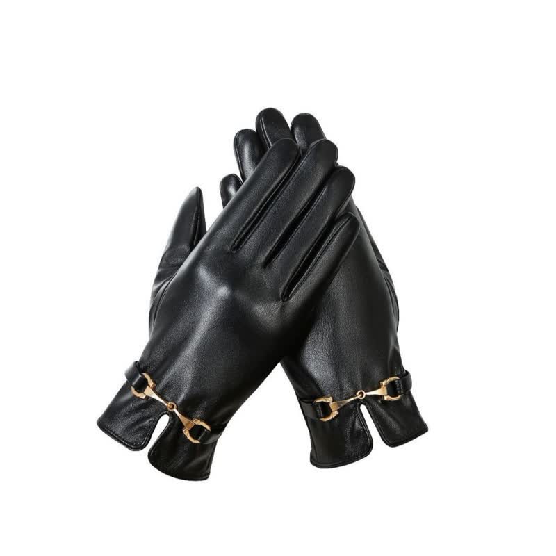 Guantes de cuero sintético aterciopelado y cálidos con decoración de metal para mujer