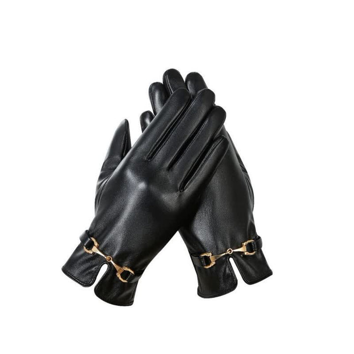 Guantes de cuero sintético aterciopelado y cálidos con decoración de metal para mujer
