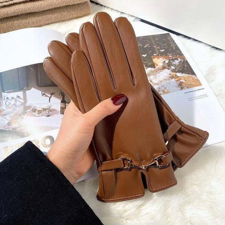Guantes de cuero sintético aterciopelado y cálidos con decoración de metal para mujer