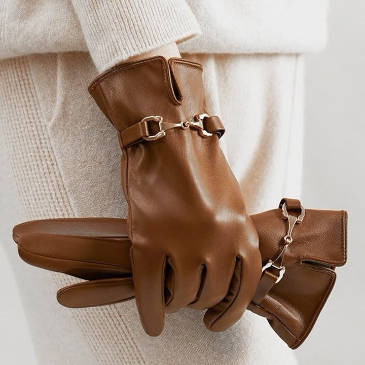 Guantes de cuero sintético aterciopelado y cálidos con decoración de metal para mujer