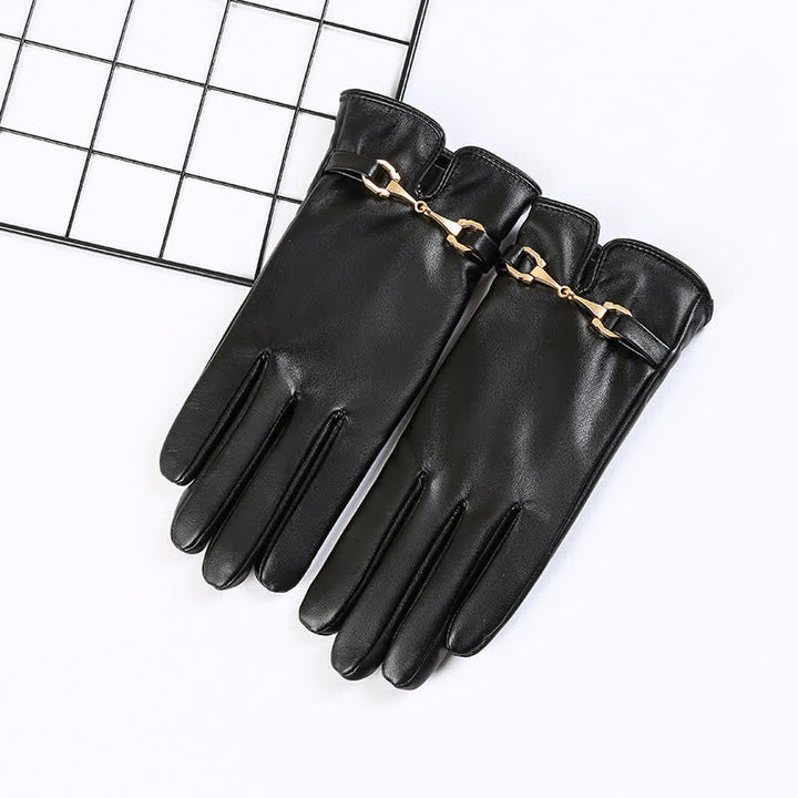Guantes de cuero sintético aterciopelado y cálidos con decoración de metal para mujer