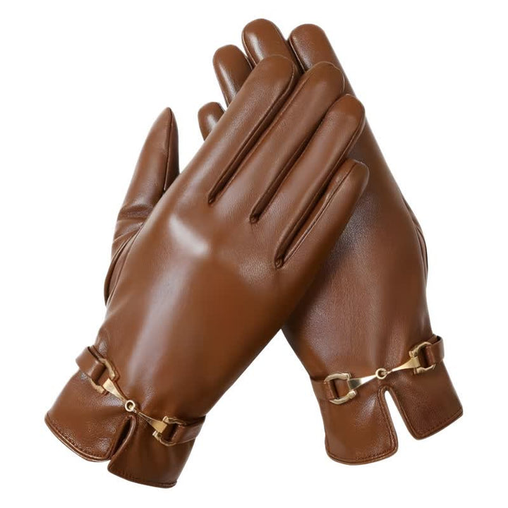 Guantes de cuero sintético aterciopelado y cálidos con decoración de metal para mujer