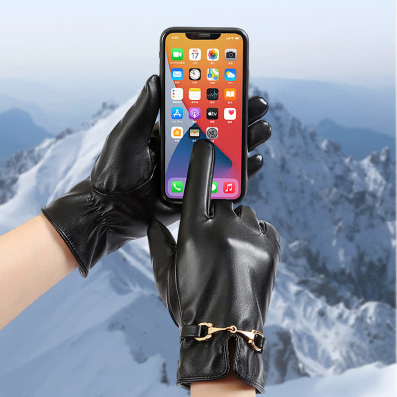 Guantes de cuero sintético aterciopelado y cálidos con decoración de metal para mujer