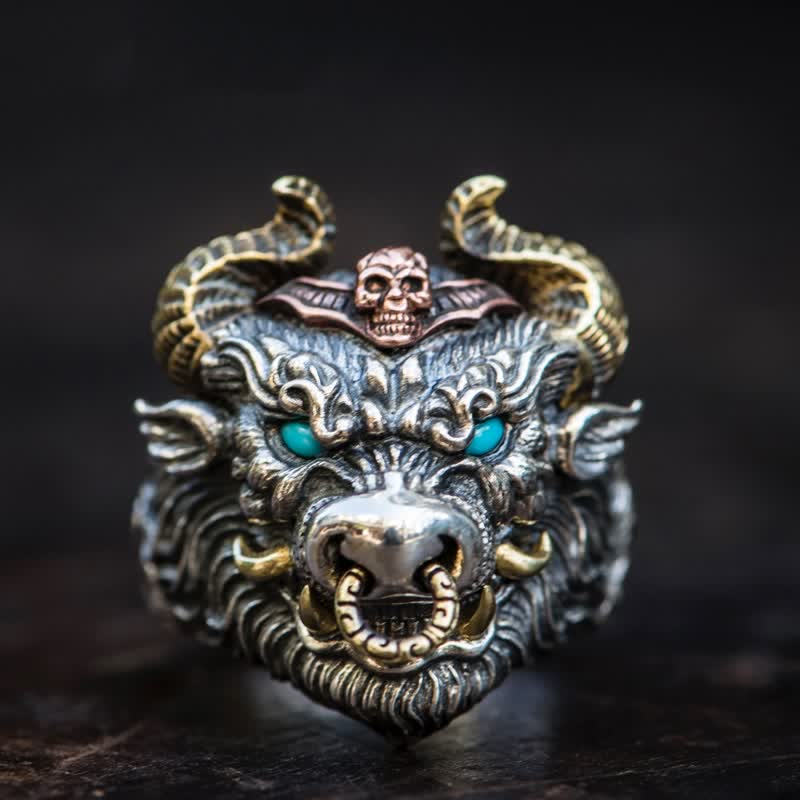 Anillo ajustable con apertura de diablo, fantasma, cabra y infierno para hombre