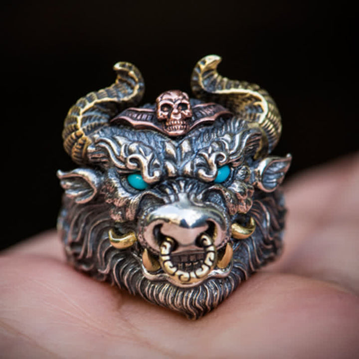 Anillo ajustable con apertura de tótem de caballo y toro de roca dominante para hombre