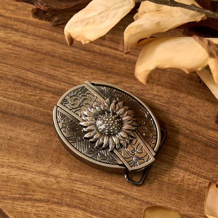 Conjunto de corbata de bolo con encendedor de rosas y hebilla de cinturón con cuchillo oculto de girasol