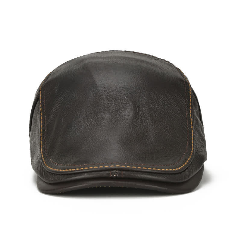 Boina de cuero genuino con gorra plana de taxista con visera