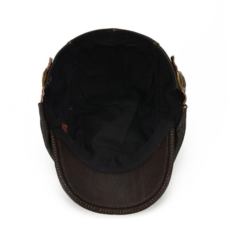 Boina de cuero genuino con gorra plana de taxista con visera