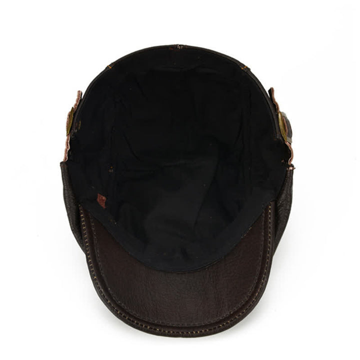 Boina de cuero genuino con gorra plana de taxista con visera