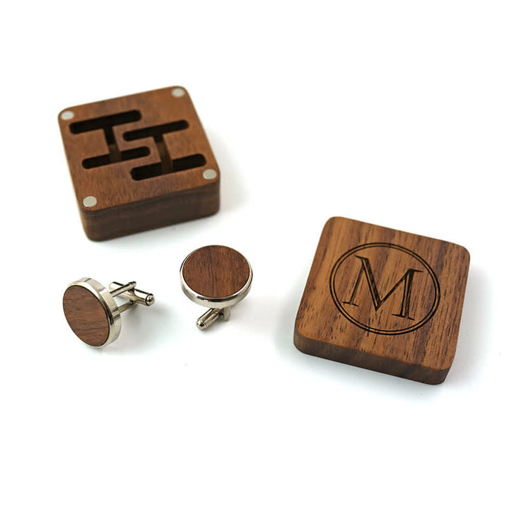 Gemelos de madera con caja grabada con letras personalizadas para hombre