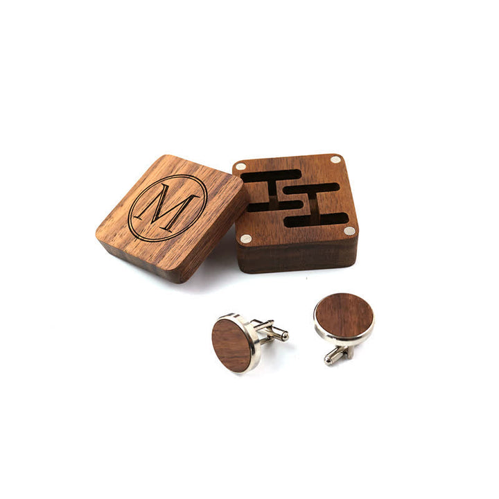 Gemelos de madera con caja grabada con letras personalizadas para hombre