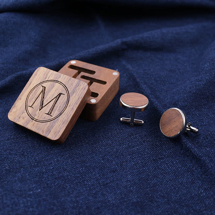 Gemelos de madera con caja grabada con letras personalizadas para hombre